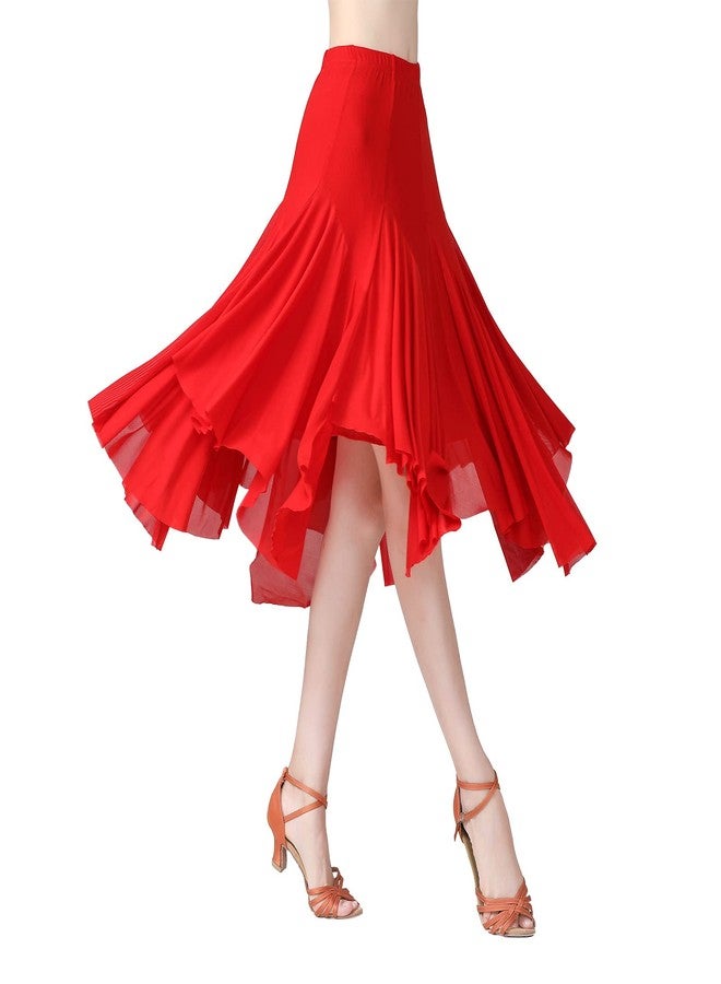 AFAVOM Ballroom Dance Skirts for Women Ballroom Dancing Irregular Long Swing Waltz Latin Salsa Belly Dance Skirts Tango Cha Cha Practice Skirt Flamenco Dress Costume for Performance Red One Size - Image 1